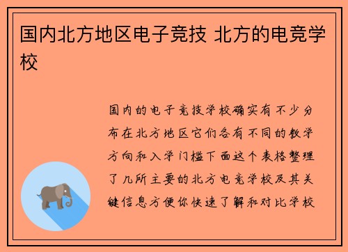 国内北方地区电子竞技 北方的电竞学校